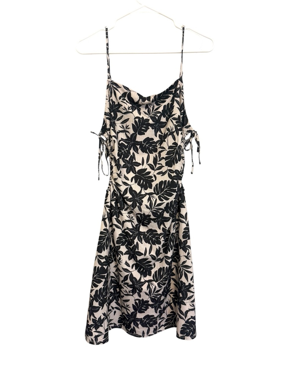 GB Black Beige Tropical Floral Ruched Tie Strap Midi Dress Size Large